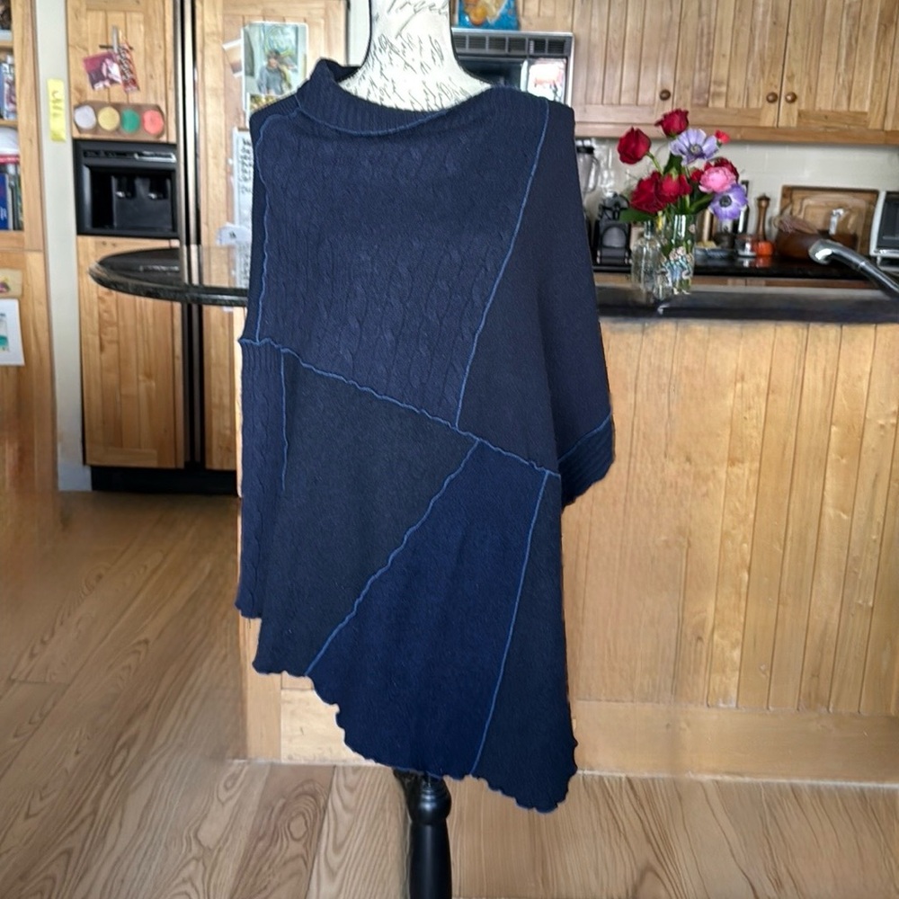 NWOT July 5 Hand Crafted Recycled Blue Cashmere Sweater Poncho. Pullover. OS